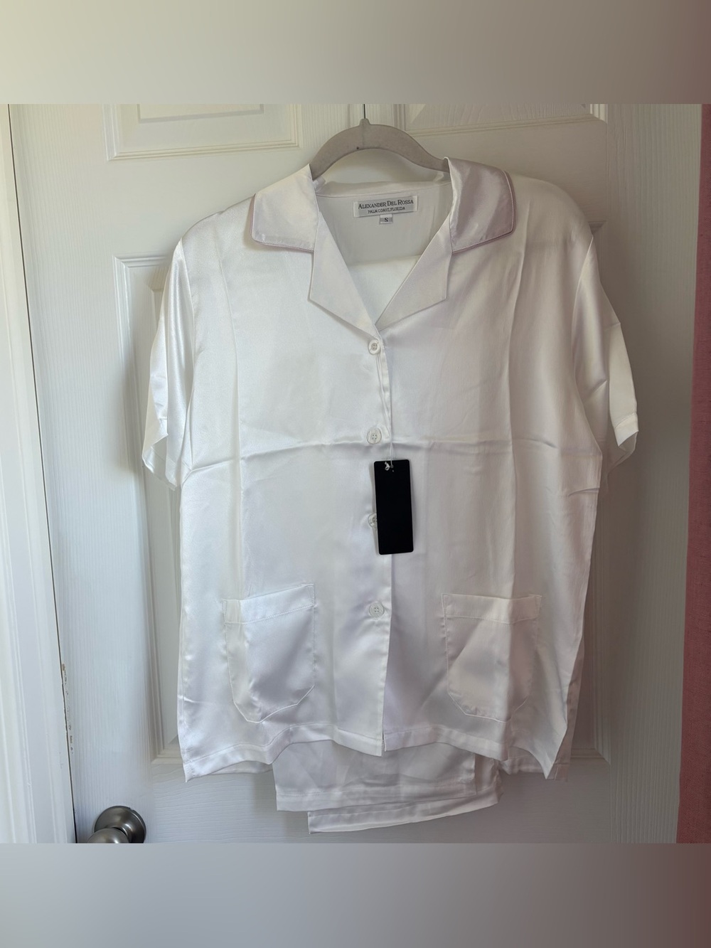 Alexander Del Rossa White Satin Pajama Set with Pale Pink Trim